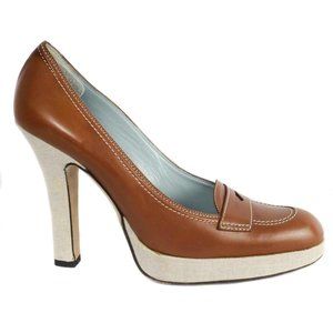 LAMBERTSON TRUEX Brown Leather & Cream Linen Penny Loafer Pumps